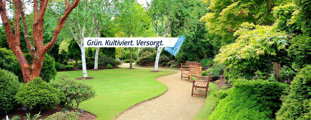 Blick in einen botanischen Garten mit Sitzbänken